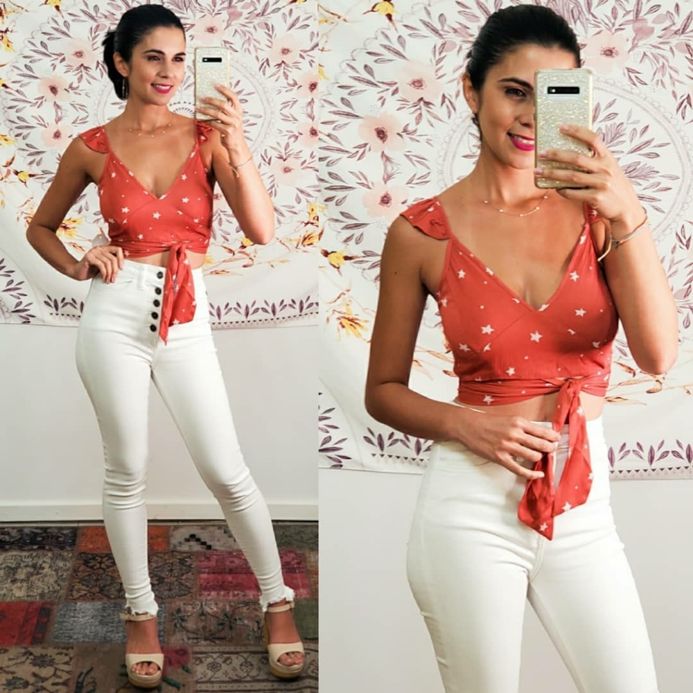 Starry Ruffle Strap Back Tie Crop Top